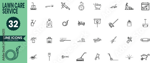Lawn Care Service Line Icons Set – Gardening, Landscaping, and Maintenance Tools Vector Illustration