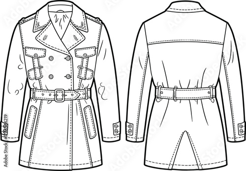 Classic trench coat fashion flat sketch, double-breasted outerwear with belt, buttons, pockets, and sleeve tabs, technical apparel design illustration