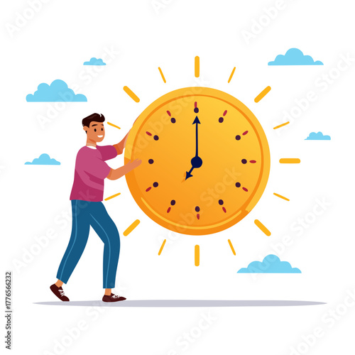 People Moving Giant Clocks — Flat Vector Time Management Illustration Set