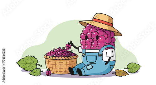 A Cheerful Grapes Character Harvesting Fresh Grapes from A Wicker Basket