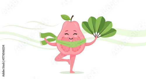 A Cheerful Guava Character Balancing With Fan for Summer Recreation Illustration