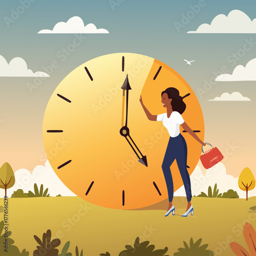 People Moving Giant Clocks — Flat Vector Time Management Illustration Set