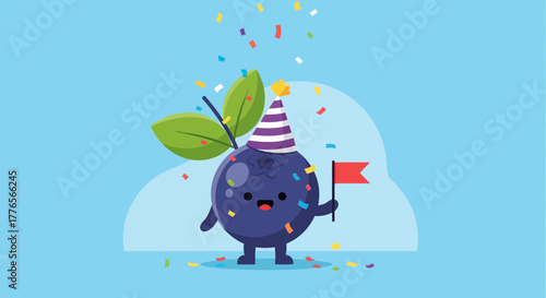 A Cheerful Illustrated Blueberry Character Celebrating With Festive Party Decorations