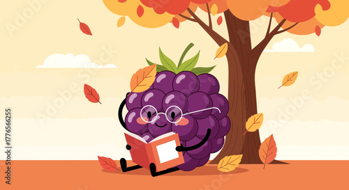 A Creative Blackberry Personage Reading Under Autumnal Tree Illustration