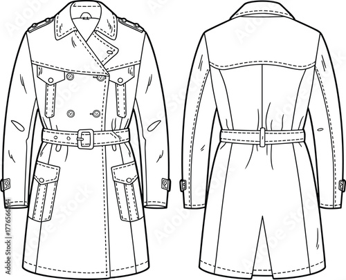 Classic trench coat technical fashion flat sketch, long sleeve double-breasted coat with belt, epaulets, and flap pockets, apparel design illustration