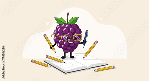 A Creative Grape With Glasses Surrounded By Pencils And A Notebook Ready For Writing