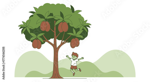 A Cheerful Kid Plays Happily Beneath A Fruitful Tree, Nature's Gift