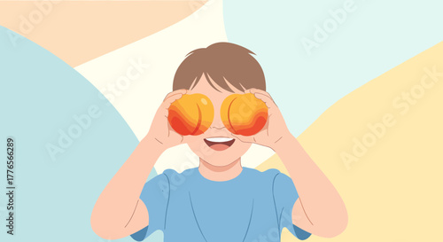 A Cheerful Kid Holding Fruits as Playful Glasses, Bright and Smiling with Joy