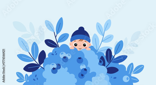 A Curious Child Peeks Out From Blueberry Bushes In A Playful, Colorful Illustration