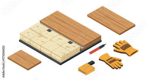 Isometric construction tools with insulation materials and wooden panels for building projects