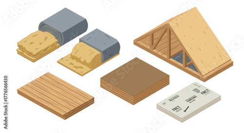 Construction materials isometric wooden planks, insulation rolls, and roof truss