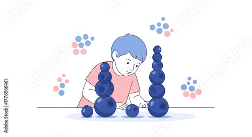 A Curious Child Stacking Blueberries, A Whimsical And Delightful Illustration