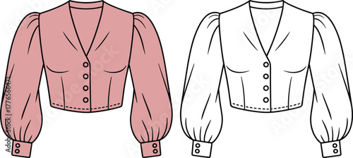 Stylish women’s blouses illustration, elegant puff sleeve button-up tops, classic V-neck design, fashionable feminine clothing, trendy apparel vector art