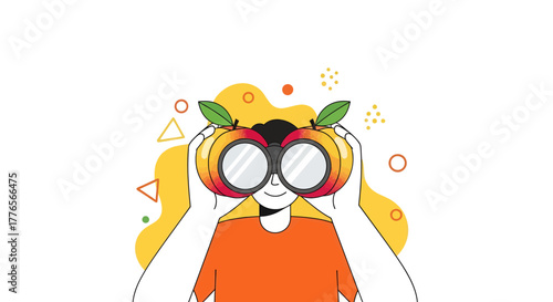 A Curious Person Gazing Forward Through Fruit-Shaped Binoculars with Anticipation