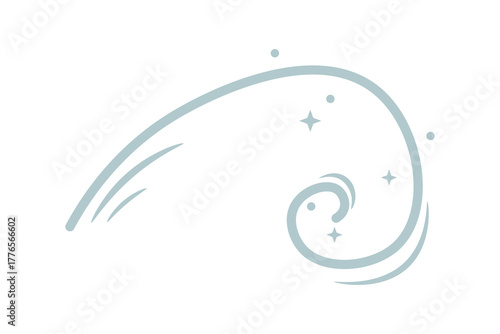 Vector image of  gust of wind with snow, strong wind, weather phenomenon. Snowflakes. Merry Christmas, New Year, winter magic. Flat design. Gray color.