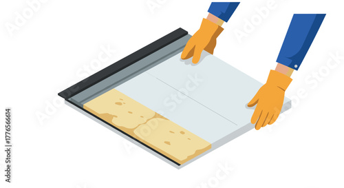 Isometric hands handling cheese slices with oven glove safety