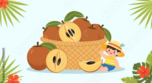 A Delightful Tropical Scene: Child, Sapodillas, and Basket Against a Pastel Backdrop