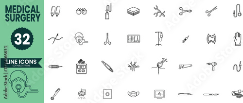 Medical Surgery Line Icon Set – Hospital Equipment, Operation Tools, and Healthcare Vector Collection
