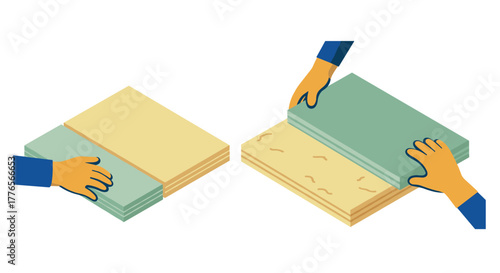 Hands placing wooden laminate and drywall panels in flat style