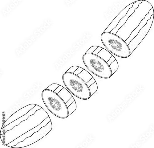 Sliced Cucumber Outline Icon Illustration on White Background