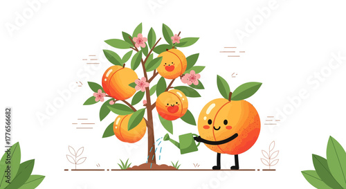 A Cheerful Peach Character Waters the Tree with Adorable, Sweet Fruits Under the Sun