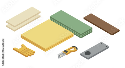 Isometric cardboard and utility knife with hand icon for packaging concept