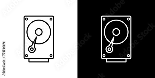Flat line vector icon of a computer hard drive or HDD in a minimalist style, black stroke, white background.