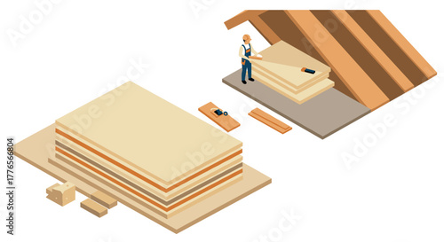 Isometric construction scene with worker installing roof panels