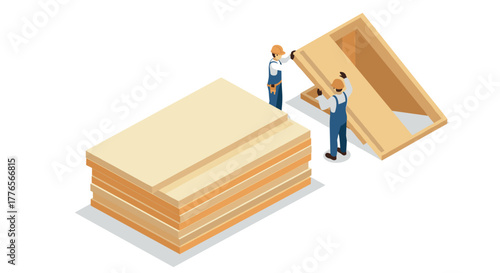 Construction workers handling wooden planks in isometric style scene