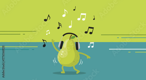 A Cheerful Pear Character Enjoying Music and Dancing with Musical Notes in Illustration