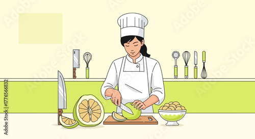 A Female Chef Prepares Citrus Fruit And Ingredients In A Clean Kitchen Workspace