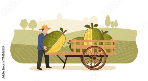 A Farmer With Handcart Loaded With Jackfruit On The Road Preparing For Harvest