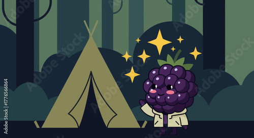 A Friendly Blackberry Character Camping In The Enchanted Forest During Nighttime