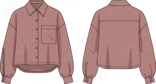 Loose fit shirt, technical fashion sketch, front and back view, casual garment, button-down blouse, apparel design, clothing template, illustration