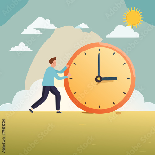 People Moving Giant Clocks — Flat Vector Time Management Illustration Set