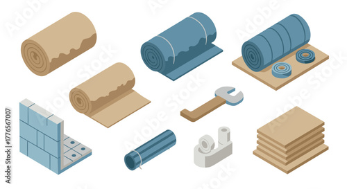Isometric construction materials rolls, bricks, and tools for industrial design