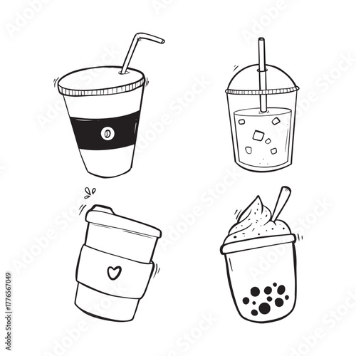 Hand-drawn black and white illustrations of various popular beverages including coffee, iced drinks, travel mugs, and bubble tea.