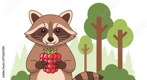 A Friendly Raccoon Holding Berries in a Forest with Trees and a Simple Design