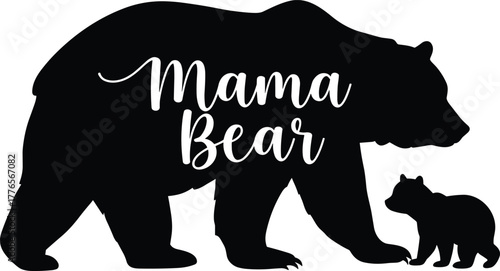 Mama bear silhouette with cub, motherhood love, wildlife protection, animal family bond, black vector art for nursery, nature, parenting themes