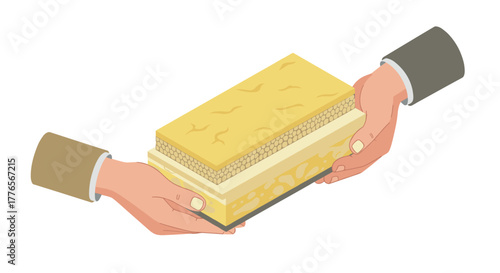 Hands holding cheese layers eatable curds in isometric style