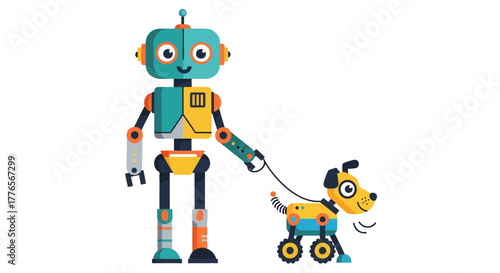 A Cheerful Robot and Its Mechanical Canine Companion on a Walk in a Bright Scene