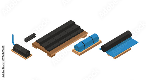 Isometric roof materials set featuring shingles and various roll types