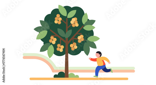A Cheerful Run Towards The Fruit-Laden Tree Depicting Youthful Enthusiasm