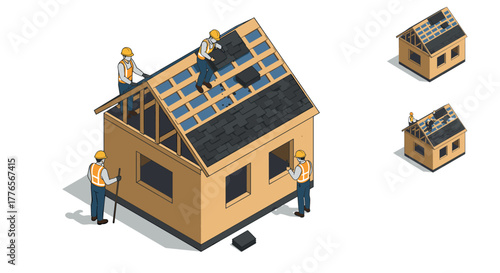 Construction workers roofing a house in isometric style with detailed tools and materials