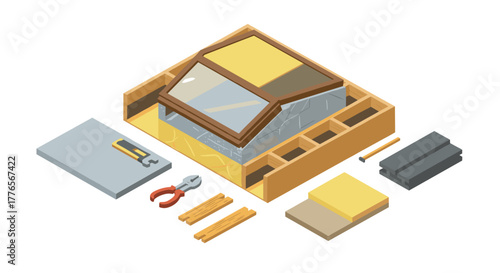 Isometric construction tools and building materials set for diy projects