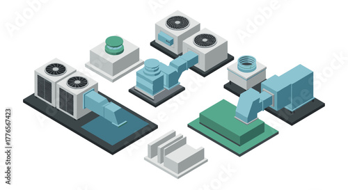 Modern hvac systems in isometric 3d style for industrial architecture