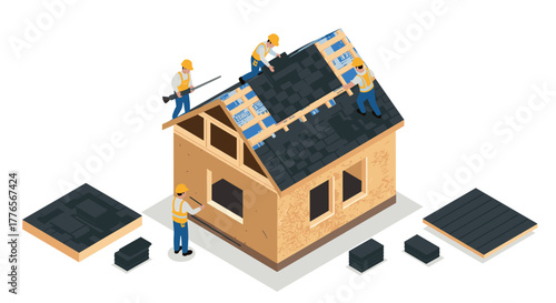 Isometric roofing construction teamwork on wooden house structure