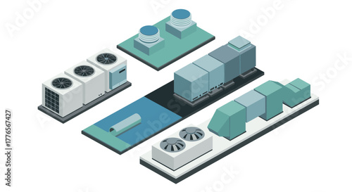 Isometric hvac system components design with air conditioner units and ventilation ducts