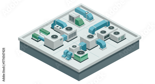 Isometric rooftop hvac system with air conditioning units and ventilation ducts