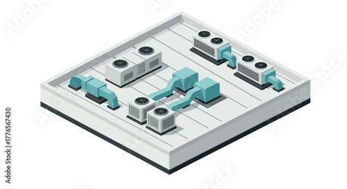 Isometric hvac system layout with air conditioning units and ductwork